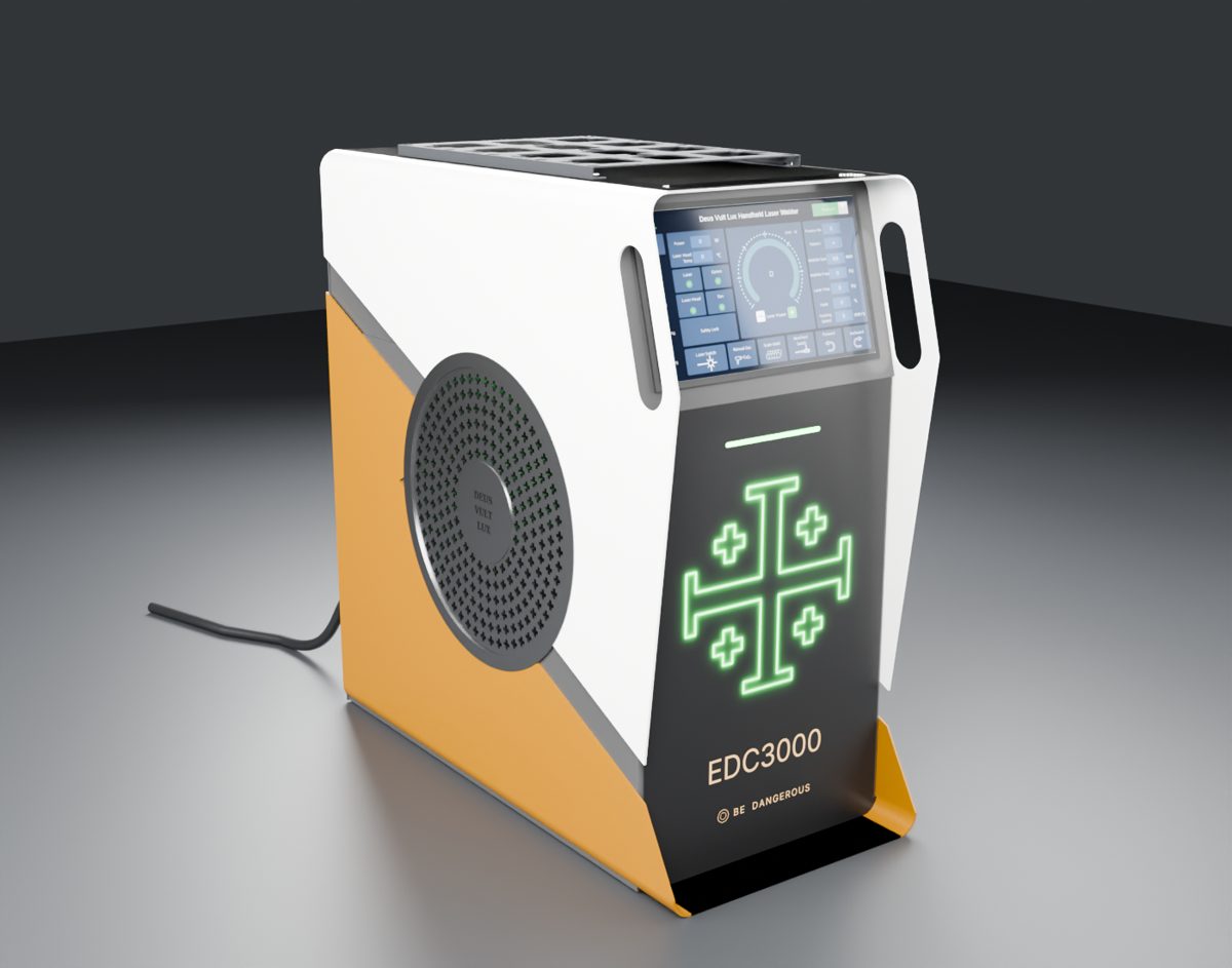 The Deus Vult Lux laser welder: white and orange shell, round cross-pattern side vent, touchscreen and illuminated cross on the front, handheld welding head docked on the side.